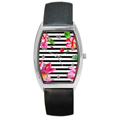 Black And White Stripes Barrel Style Metal Watch by designsbymallika