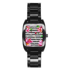 Black And White Stripes Stainless Steel Barrel Watch by designsbymallika