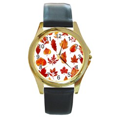 Autumn Pattern Round Gold Metal Watch by designsbymallika