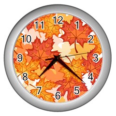 Autumn Leaves Pattern Wall Clock (silver) by designsbymallika