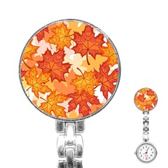 Autumn Leaves Pattern Stainless Steel Nurses Watch by designsbymallika