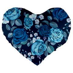 Blue Floral Print  Large 19  Premium Flano Heart Shape Cushions by designsbymallika