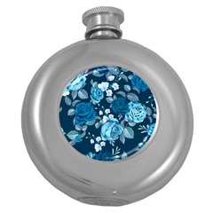 Blue Floral Print  Round Hip Flask (5 Oz) by designsbymallika