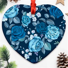 Blue Floral Print  Heart Ornament (two Sides) by designsbymallika