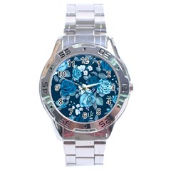 Blue Floral Print  Stainless Steel Analogue Watch by designsbymallika