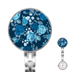 Blue Floral Print  Stainless Steel Nurses Watch by designsbymallika