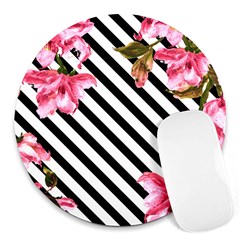 Pink Floral Stripes Round Mousepads by designsbymallika