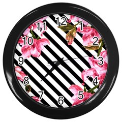 Pink Floral Stripes Wall Clock (black) by designsbymallika