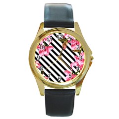 Pink Floral Stripes Round Gold Metal Watch by designsbymallika