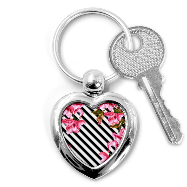 Pink Floral Stripes Key Chain (Heart)