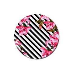 Pink Floral Stripes Rubber Round Coaster (4 Pack)  by designsbymallika