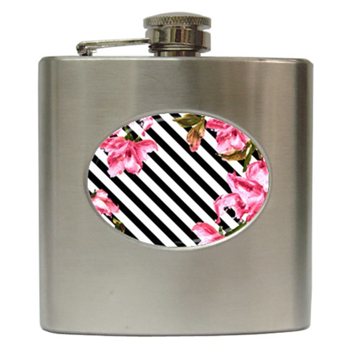 Pink Floral Stripes Hip Flask (6 oz)