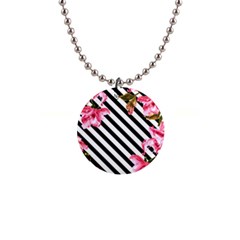 Pink Floral Stripes 1  Button Necklace by designsbymallika