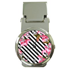 Pink Floral Stripes Money Clip Watches by designsbymallika