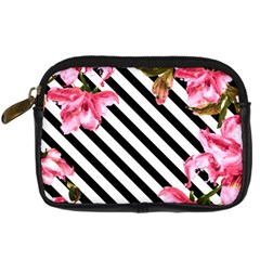 Pink Floral Stripes Digital Camera Leather Case by designsbymallika