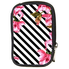 Pink Floral Stripes Compact Camera Leather Case by designsbymallika