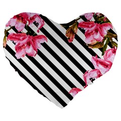 Pink Floral Stripes Large 19  Premium Flano Heart Shape Cushions by designsbymallika