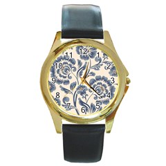 Baatik Print 5 Round Gold Metal Watch by designsbymallika