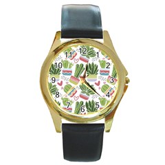 Cactus Love  Round Gold Metal Watch by designsbymallika