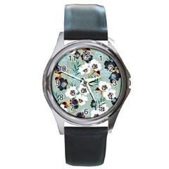 Black White Floral Print Round Metal Watch by designsbymallika