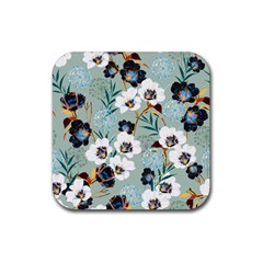 Black White Floral Print Rubber Coaster (square)  by designsbymallika