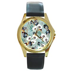 Black White Floral Print Round Gold Metal Watch by designsbymallika