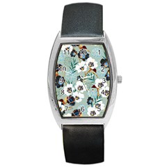 Black White Floral Print Barrel Style Metal Watch by designsbymallika