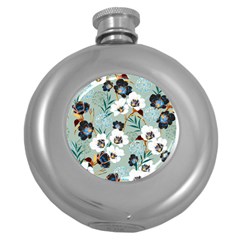 Black White Floral Print Round Hip Flask (5 Oz) by designsbymallika