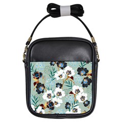 Black White Floral Print Girls Sling Bag by designsbymallika