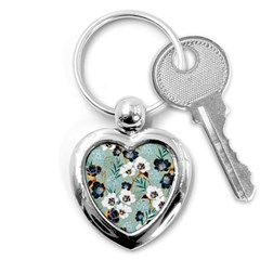 Black White Floral Print Key Chain (heart) by designsbymallika