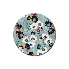 Black White Floral Print Rubber Coaster (round)  by designsbymallika