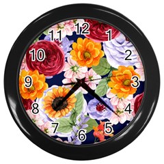 Watercolor Print Floral Design Wall Clock (black) by designsbymallika