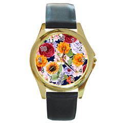 Watercolor Print Floral Design Round Gold Metal Watch by designsbymallika