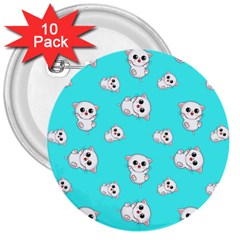 Azure Blue And Crazy Kitties Pattern, Cute Kittens, Cartoon Cats Theme 3  Buttons (10 Pack)  by Casemiro