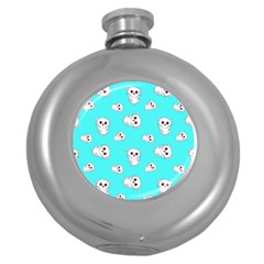 Azure Blue And Crazy Kitties Pattern, Cute Kittens, Cartoon Cats Theme Round Hip Flask (5 Oz) by Casemiro