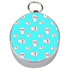 Azure Blue And Crazy Kitties Pattern, Cute Kittens, Cartoon Cats Theme Silver Compasses by Casemiro