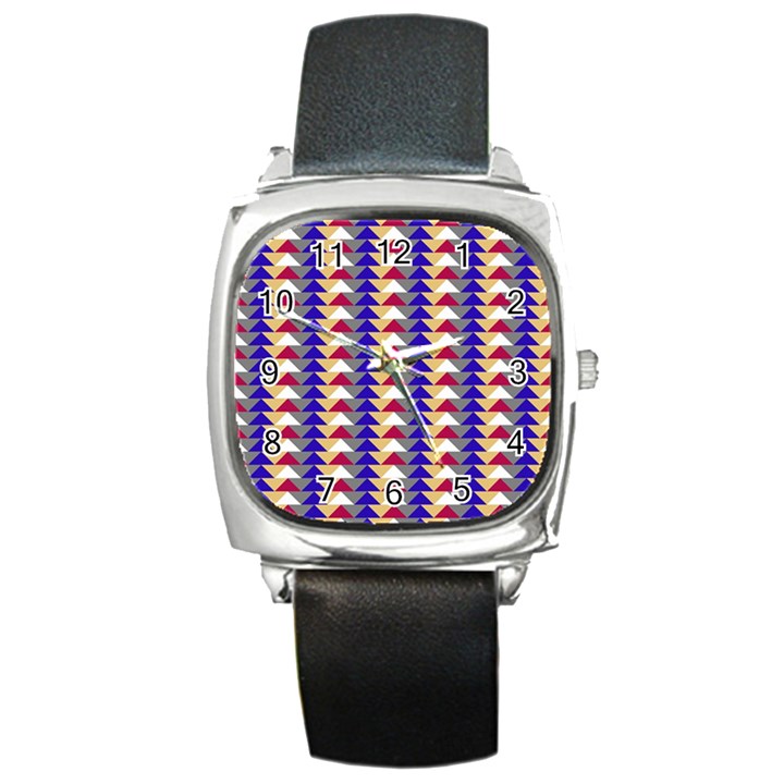 Colorful triangles pattern, retro style theme, geometrical tiles, blocks Square Metal Watch