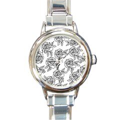 Line Art Black And White Rose Round Italian Charm Watch