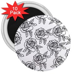 Line Art Black And White Rose 3  Magnets (10 Pack)  by MintanArt