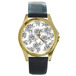 Line Art Black And White Rose Round Gold Metal Watch Front