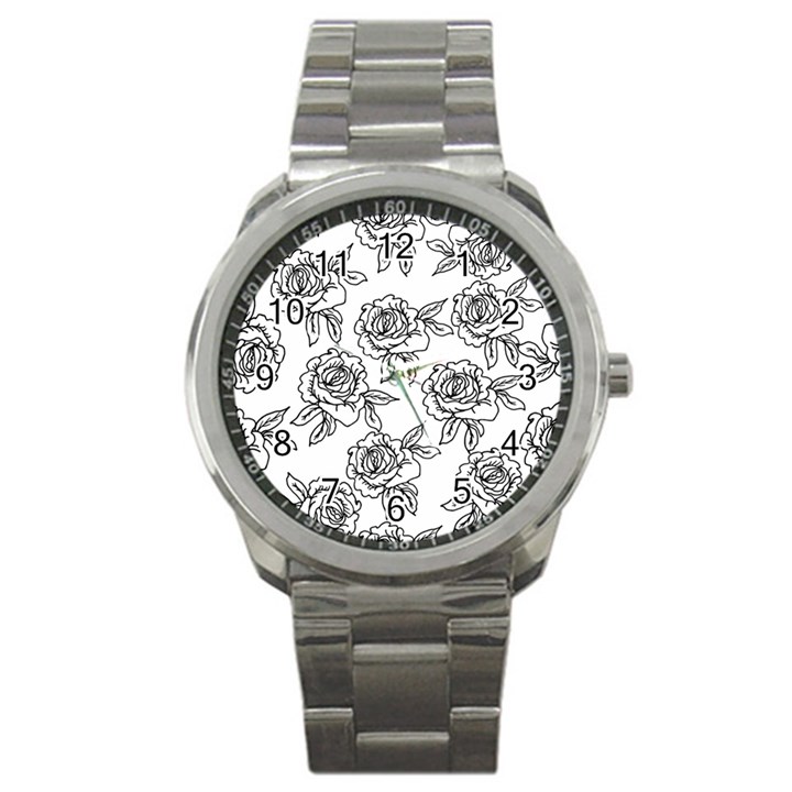 Line Art Black And White Rose Sport Metal Watch