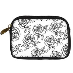 Line Art Black And White Rose Digital Camera Leather Case by MintanArt