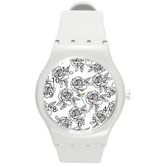 Line Art Black And White Rose Round Plastic Sport Watch (m) by MintanArt