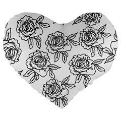 Line Art Black And White Rose Large 19  Premium Heart Shape Cushions