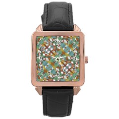 Multicolored Collage Print Pattern Mosaic Rose Gold Leather Watch 