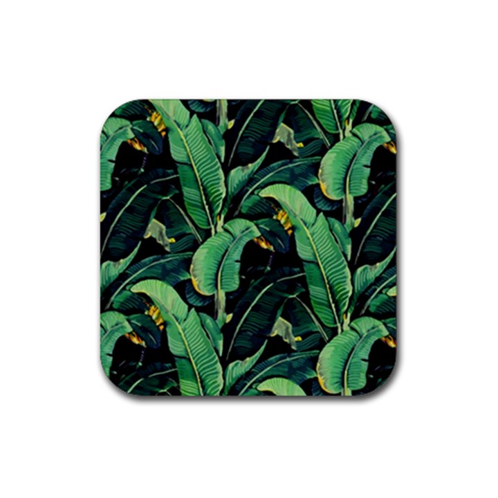 Night tropical banana leaves Rubber Coaster (Square) 