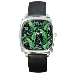 Night Tropical Banana Leaves Square Metal Watch by goljakoff