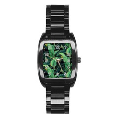 Night Tropical Banana Leaves Stainless Steel Barrel Watch