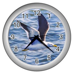 Seagull Flying Over Sea, Montevideo, Uruguay Wall Clock (silver) by dflcprintsclothing