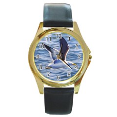 Seagull Flying Over Sea, Montevideo, Uruguay Round Gold Metal Watch by dflcprintsclothing